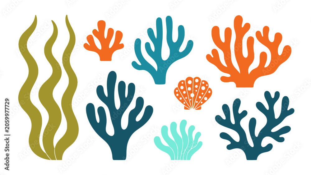 Fototapeta premium Colorful undersea corals, seaweed and silhouettes in a vibrant reef ecosystem.