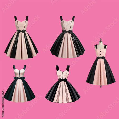 Elegant Vintage Inspired Pink and Black Cocktail Dress Fashion Illustration Collection With Classic Bow Waist Design