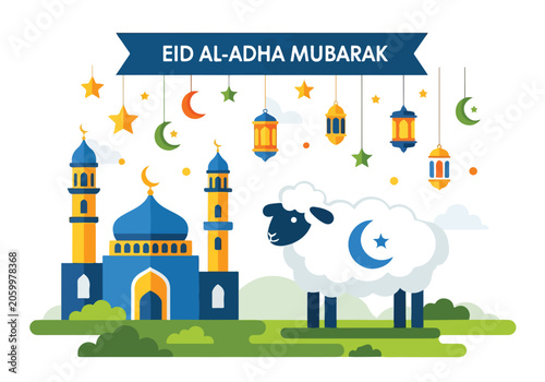 A colorful Eid Al-Adha Mubarak graphic