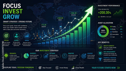 Focus invest grow financial growth investment strategy rising chart business finance wealth growth market analysis performance dashboard digital