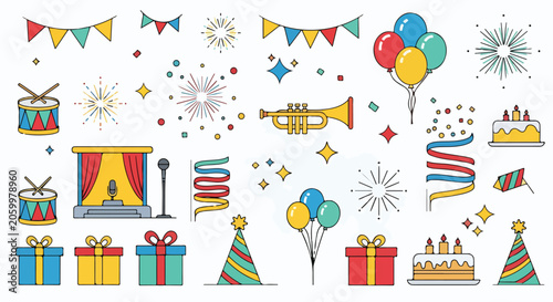 A colorful illustration of party icons and symbols