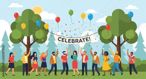 A diverse group celebrating outdoors with balloons and confetti