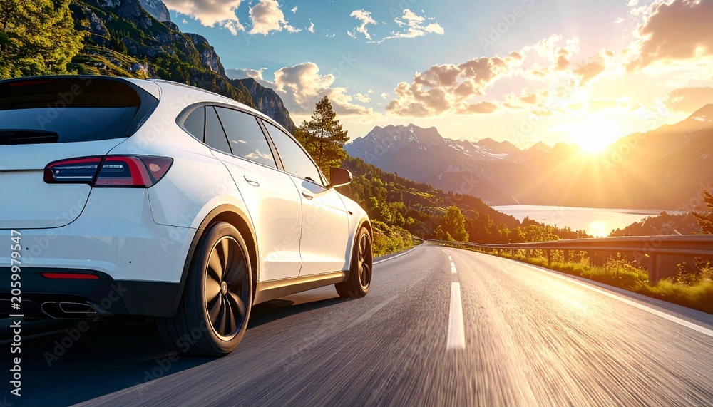 Naklejka premium Modern Vehicle Mockup Driving Along a Wide Open Road Designed for Vacation Promotions and Creative Travel Advertisement Concepts