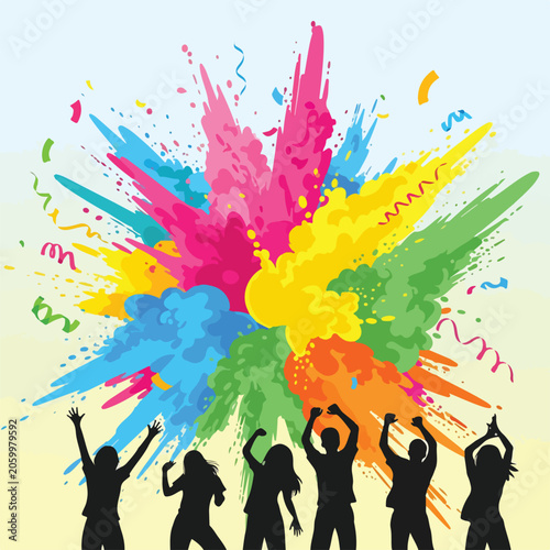 A colorful explosion behind silhouetted people celebrating
