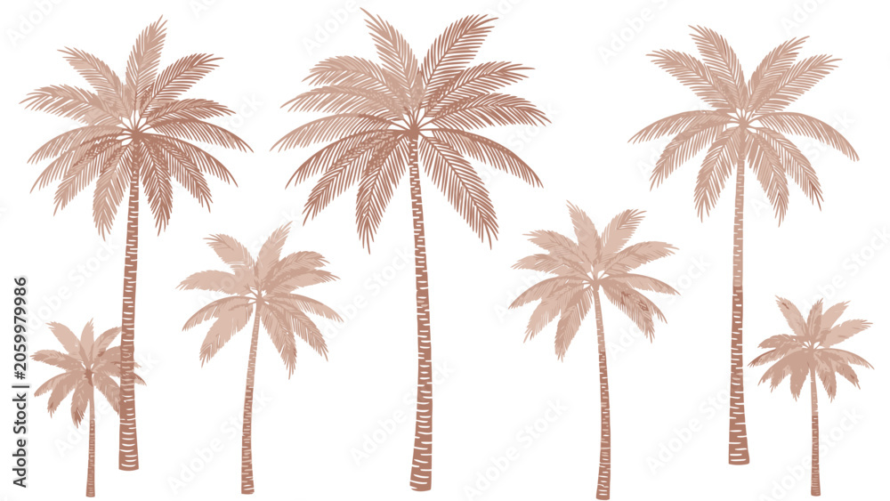 Fototapeta premium Group of palm trees illustrated in warm watercolor tones across a soft background.