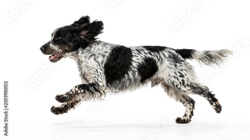 Black and white dog running isolated on white background