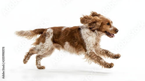 Brown and white dog running isolated on white background