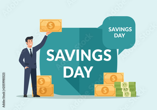 Fotografie A man in a suit holding up a bill with savings day text
