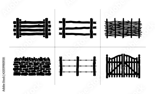 Fotografia Rustic Wooden Fences and Gates Vector Icons, Farm Boundary Elements, Countryside