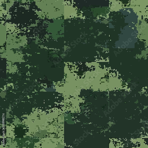 Classic digital pixelated camouflage seamless pattern with green and dark khaki tones vector military camo print ready 300 dpi