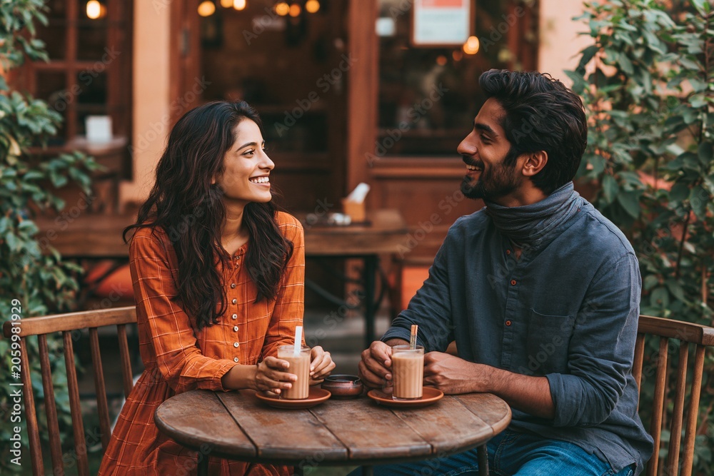 Fototapeta premium Couple sharing warm drinks at cozy outdoor cafe table with ambient lighting