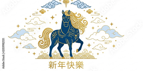Foto Chinese New Year Year of the Horse banner with blue horse golden mane clouds and