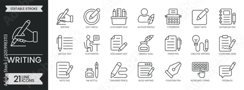 Writing outline icon set. Containing blogging, editing, content creation, journalism, copywriting, typewriter, creative, article, stationery and more. Editable stroke icons pack. Vector illustration