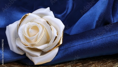 Close Up Of A White Silk Rose Against A Deep Royal Blue Velvet Background Gold Foil Accents Luxurious D Sculptural Relief