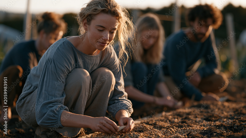 Obraz premium Seed-saving collective members crouch together in a community garden, carefully labeling small envelopes of heritage variety seeds, the golden hour light warming their hands and