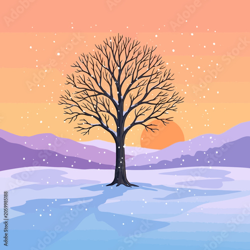 Bare Tree in Snowy Winter Sunset Landscape
