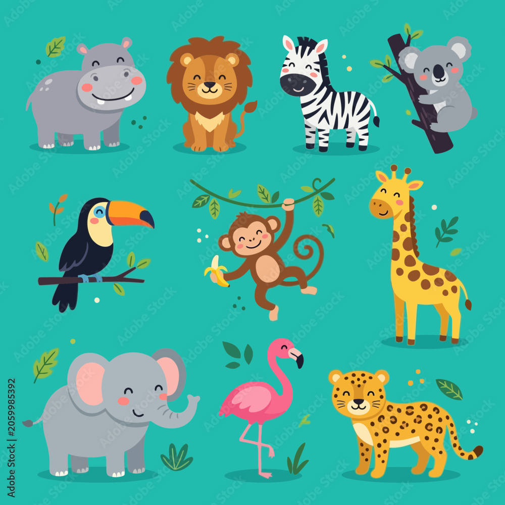 Naklejka premium A delightful collection of cartoon jungle animals, including a hippo, lion, zebra, koala, toucan, monkey, giraffe, elephant, flamingo, and leopard, isolated on a vibrant teal background.