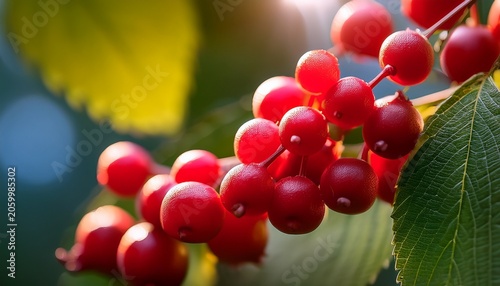 Close Up Of Vibrant Red Schisandra Berries And Leaves In Their Natural Environment