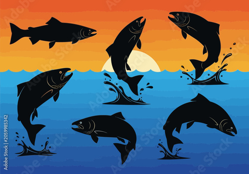 Salmon Jumping Through Ocean Waves During Sunset
