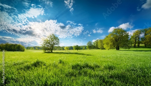 Beautiful Spring Summer Natural Landscape With A Meadow Of Grass Trees And Blue Sky With Clouds On A Bright Sunny Day