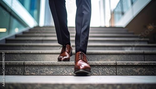 Business Executive Climbing Contemporary Stairs with Polished Formal Shoes Representing Achievement, Determination, Leadership, and Career Advancement