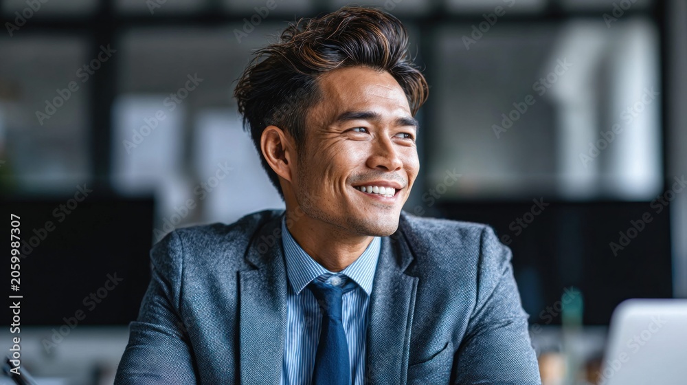 Fototapeta premium Smiling Asian businessman in a suit looking to the side with a confident expression