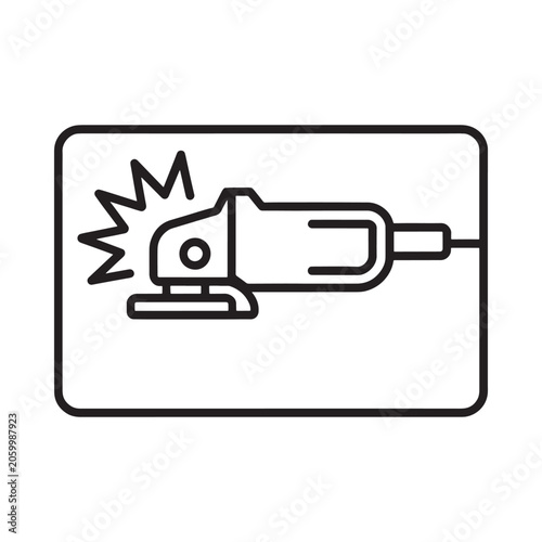 Linear depiction of an angle grinder tool within a rectangular frame
