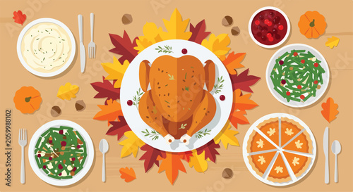 Cuadro en lienzo A festive Thanksgiving table setting with a roasted turkey