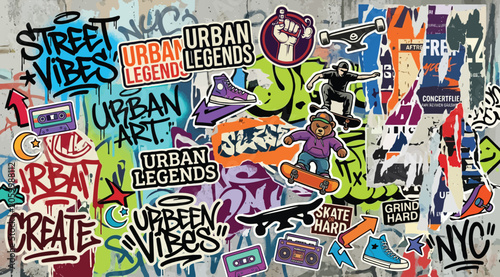 Cuadro en lienzo Urban legends graffiti street art collage with skateboards and typography