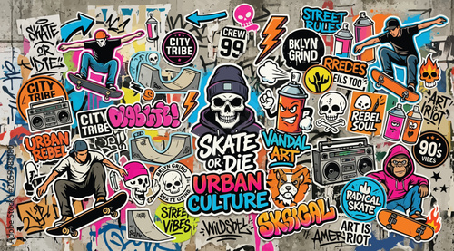 Cuadro en lienzo Urban culture graffiti sticker bomb pattern with skateboards and street art elem