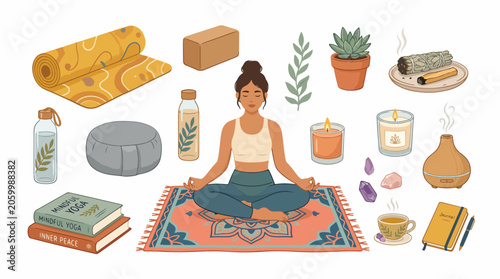 Tableau sur toile Woman meditating on yoga mat surrounded by wellness items.
