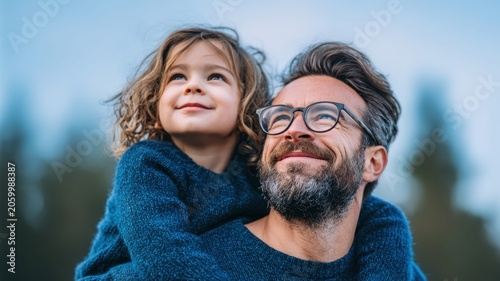Father and child looking up together with smiles, enjoying a moment outdoors