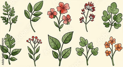 Hand-drawn Botanical Illustration: Flowers & Leaves Collection