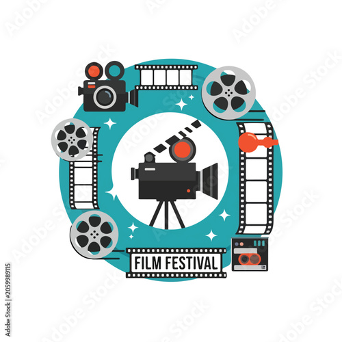 Quadro em tela A film festival graphic with a camera and film reels