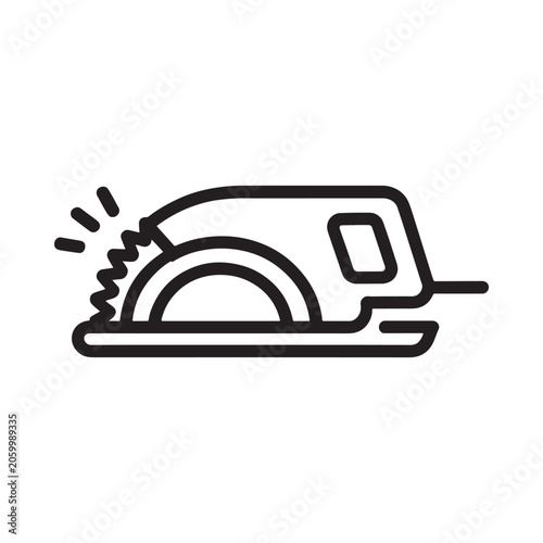 Simple black and white line drawing of a circular power saw