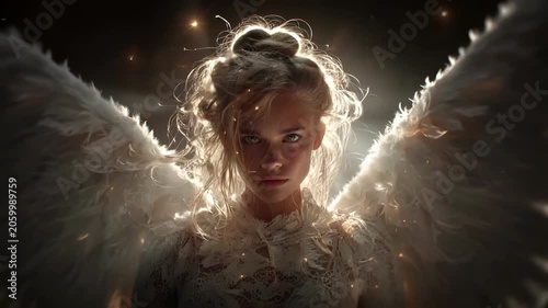 Fantasy, mysterious, wallpaper. A closeup portrait of a young woman with angelic features. She has wavy blonde hair and piercing blue eyes. Her white, feathery wings are spread out.