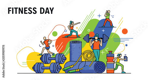 A colorful illustration of people exercising with fitness equipment