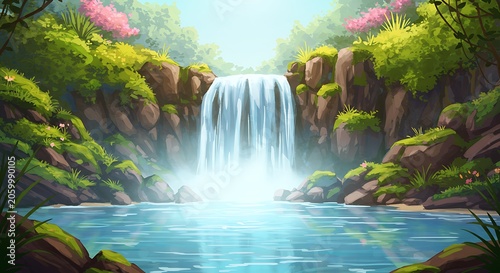 Serene Waterfall: Digital Painting