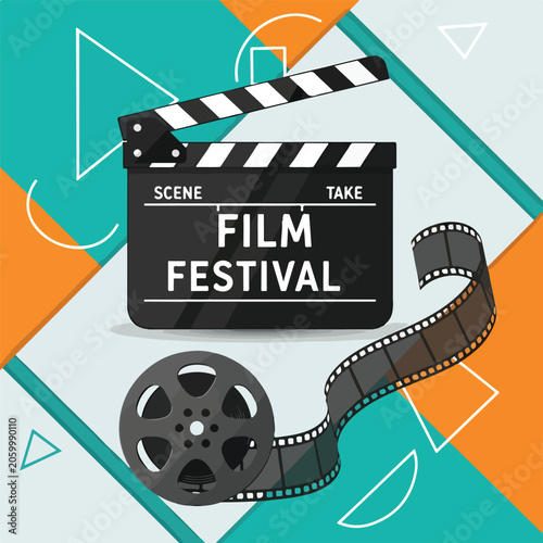 Bilde på lerret A film festival graphic with a clapperboard and film reel
