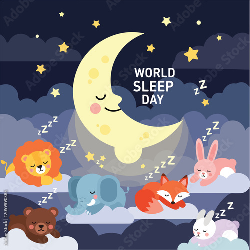 A smiling crescent moon and sleeping animals on clouds