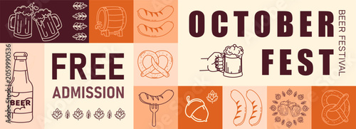 Obraz na plátne Oktoberfest beer festival banner with beer mugs pretzels sausages barrel bottle hops and free admission text in a vintage Bavarian themed design for posters flyers ads and seasonal event promo