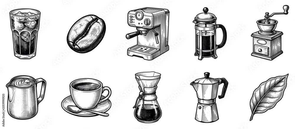 Naklejka premium Coffee icons set. Coffee preparation and serving concept. Includes iced coffee, bean, espresso machine, French press, grinder, milk jug, cup, pour-over, moka pot, leaf. Hand-drawn engraving