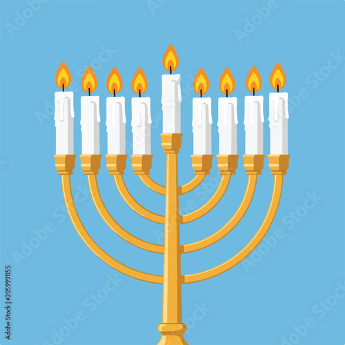Canvas-taulu A gold menorah with nine lit white candles on a blue background