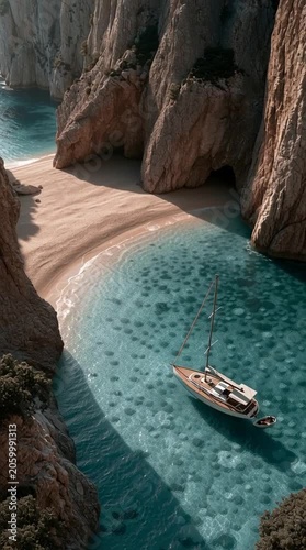 A secluded turquoise bay surrounded by dramatic cliffs, with a small sailboat anchored in crystal-clear water, creating an untouched paradise atmosphere of peace and escape.