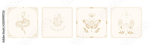 Obraz na plátně Boho mystical card set featuring snake crystal moth palm eye moon and celestial symbols in delicate golden line art for covers, fashion print, tarot spiritual branding invitations