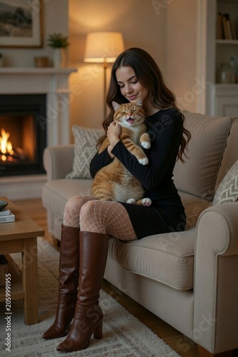 beautiful Caucasian woman in black with cat AI generated image