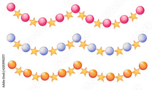 Set of colorful beads with stars hand-drawn watercolor