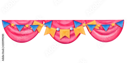 Circus curtain with yellow and blue garland flags hand drawn watercolor