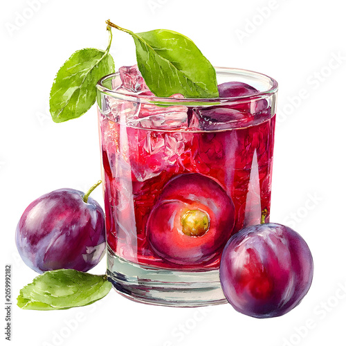 Watercolor plum juice in glass with fresh ripe plums and vibrant