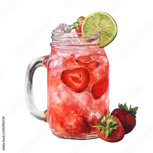 Watercolor strawberry lime juice served in mason jar with fresh